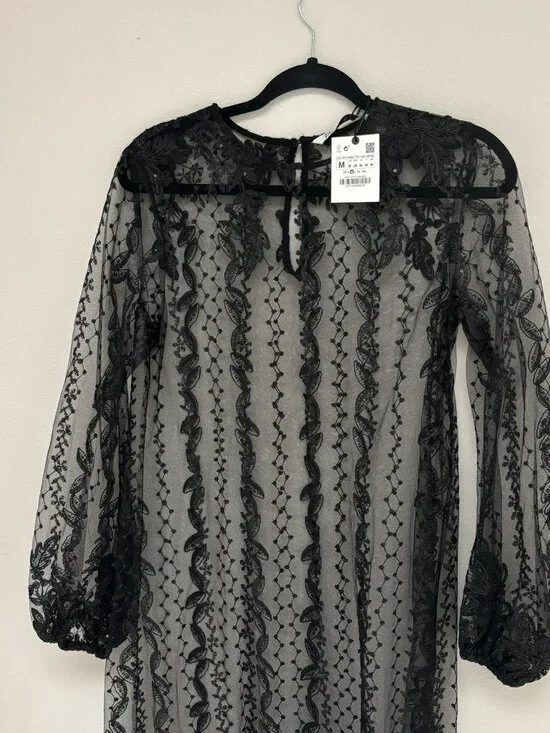 Zara Black Embroidered Lace Sheer Midi Dress Long Sleeve NWT M - Picture 6 of 6